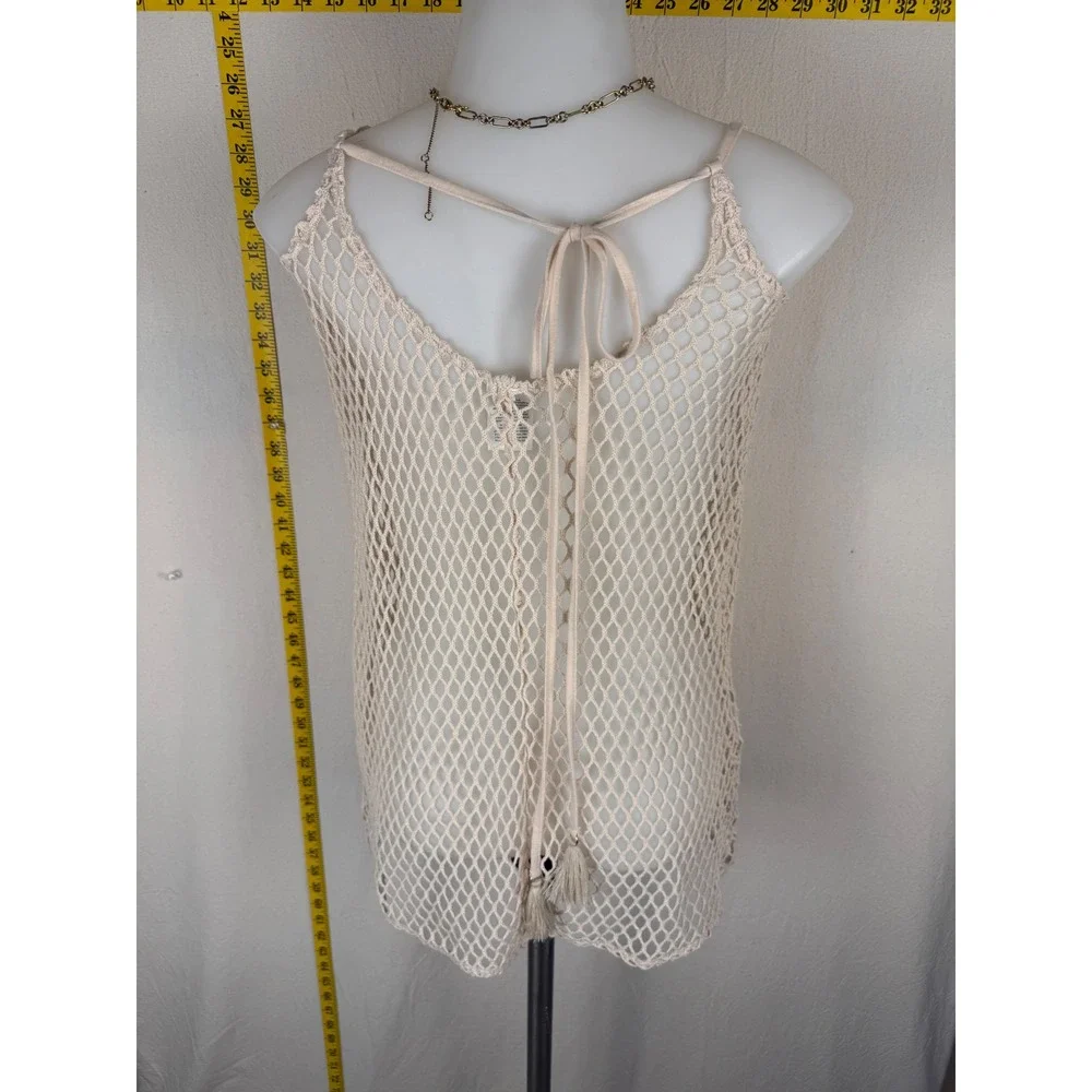 Wild Fable Small Beige Boho Fishnet Tank Top Crochet Tassle Tie Layer Festival